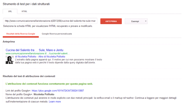 Esempio di verifica con il tool RichSnippets Test di Google